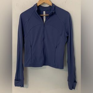 EUC Lululemon Define Full Zip Blue Nulu Jacket Hand Covers Crop Length BBL Sz 12
